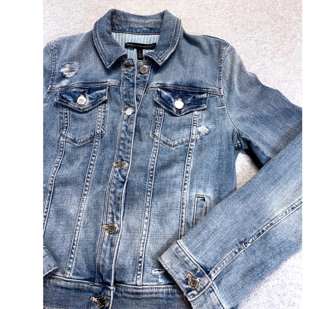 White House Black Market Distressed Denim Jacket Womens Sz 8 Stretch Jean Jacket - Picture 3 of 12